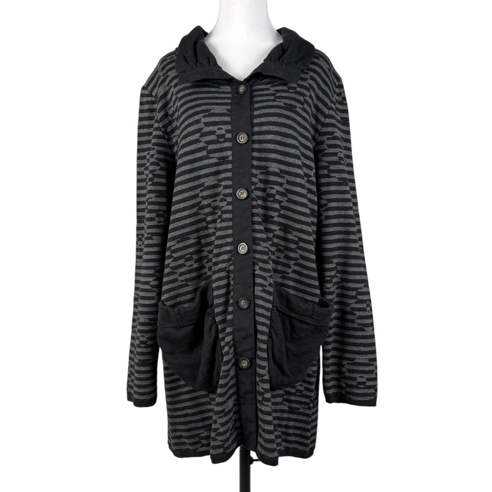 Blue Willis Life Long Cardigan Sweater Womens L Gray Black Striped Cotton Linen
